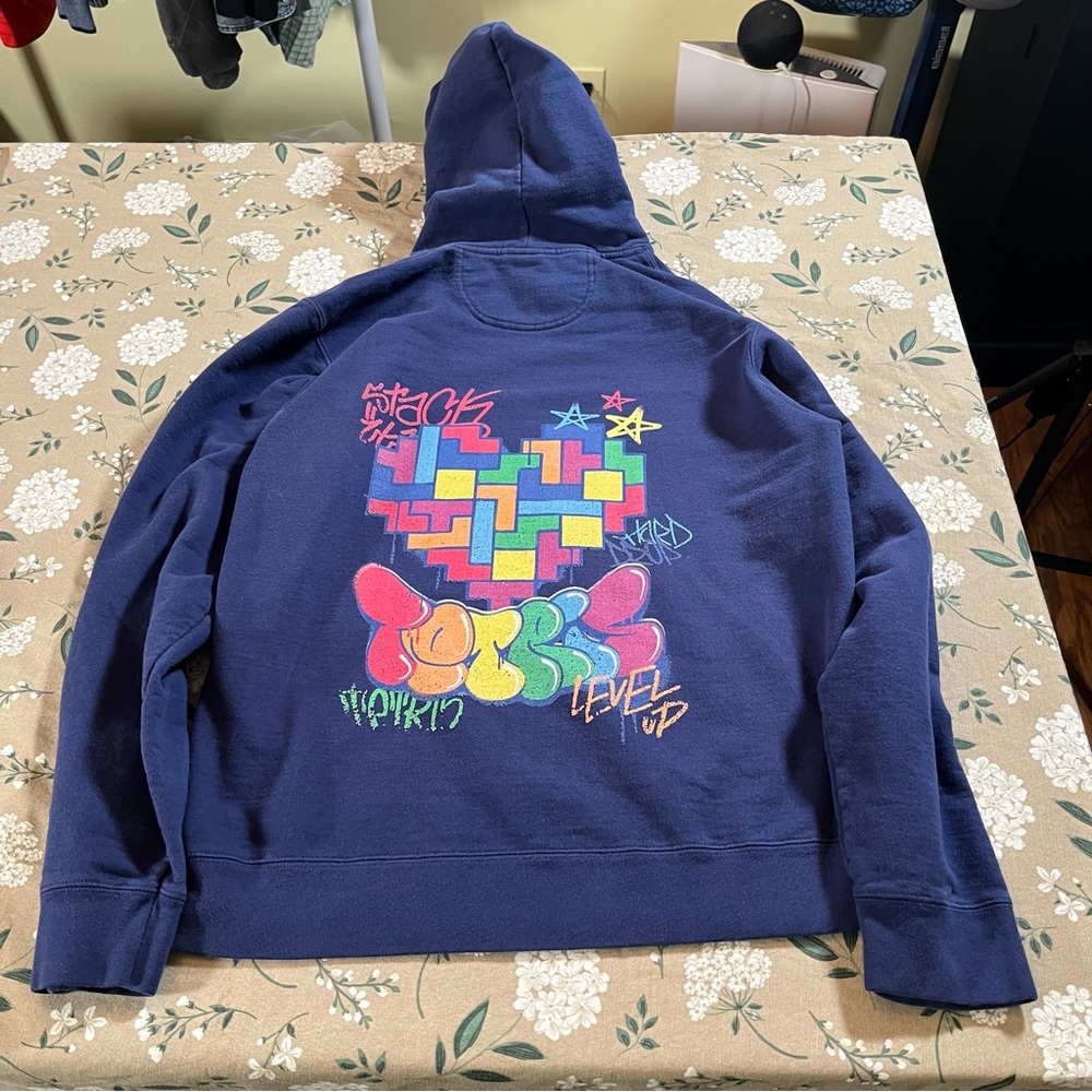 Vintage Tetris Hoodie Men’s Medium Blue 90s Y2K Gaming Pullover Nintendo